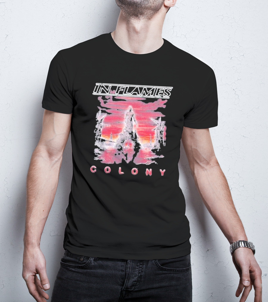 In Flames Colony Silhouette And Abstract Pink Brushstrokes T-Shirt