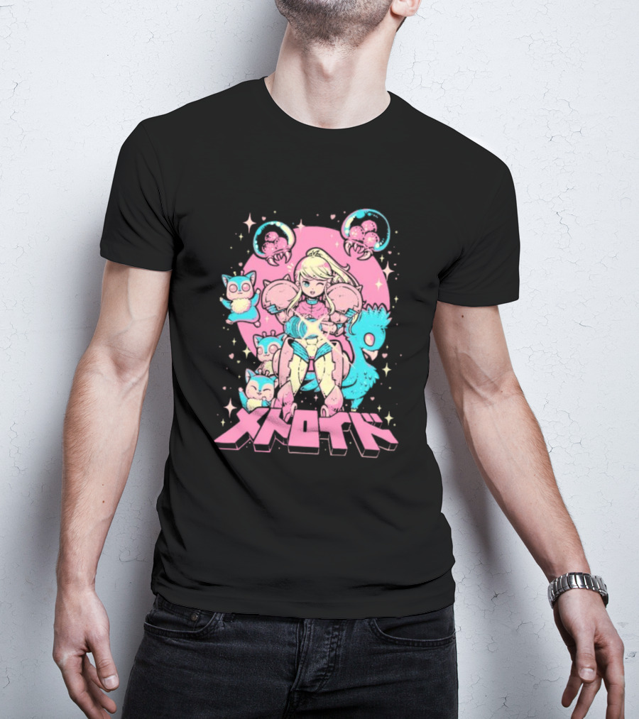 Metroid Pop Art Space Hero Anime Style Pink And Blue Retro T-Shirt