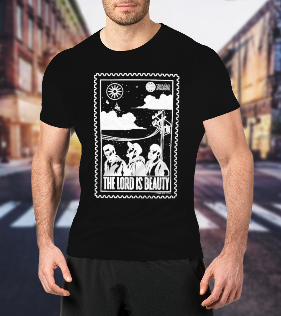 The Lord Is Beauty Three Figures Under Night Sky Clouds Birds Sun And Powerlines T-Shirt