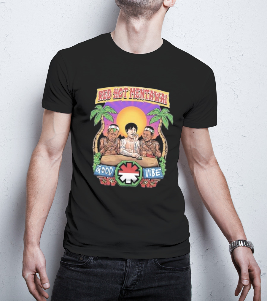 Red Hot Mentawai Good Vibe Sunset Island Scene With Palm Trees And Tattooed Trio T-Shirt