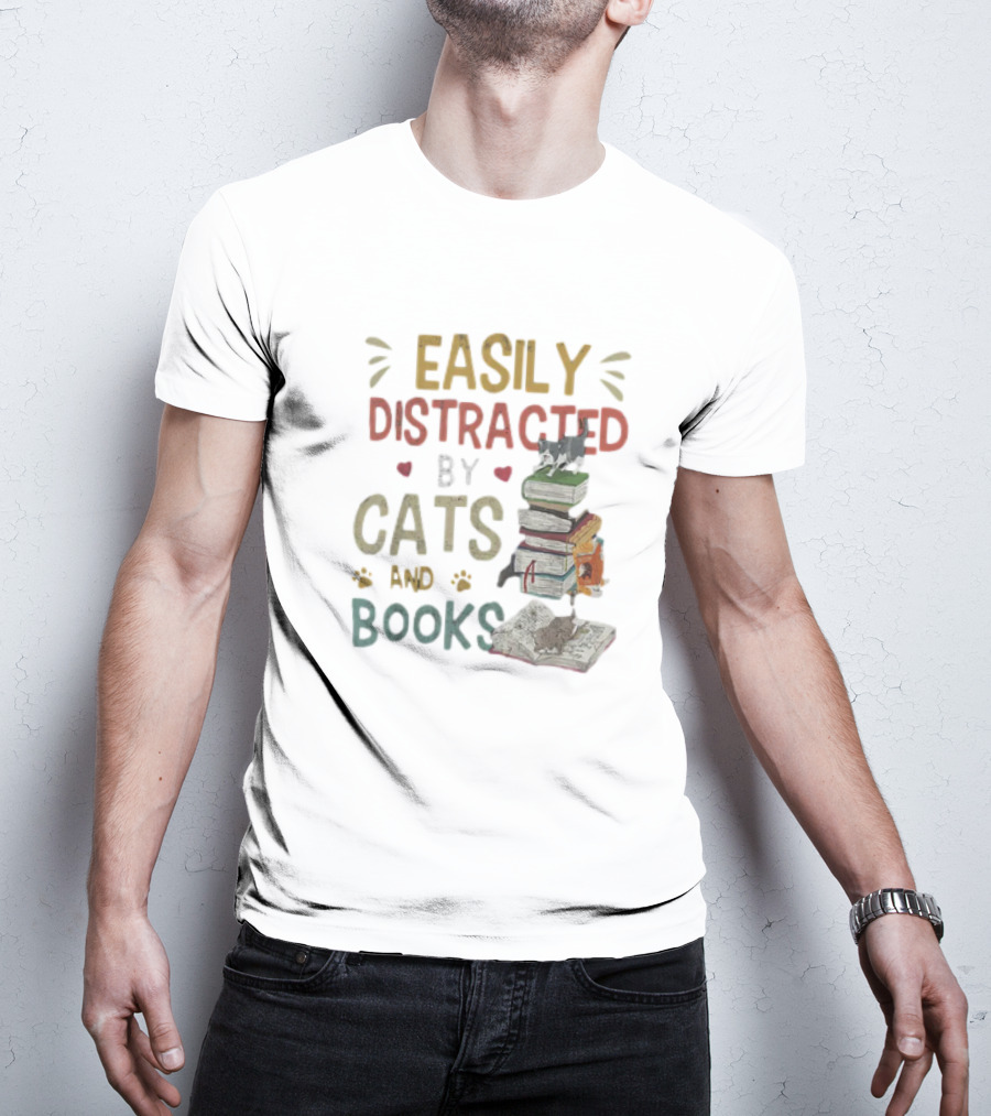 Easily Distracted By Cats And Books Stack Cats 365 Book Lover T-Shirt