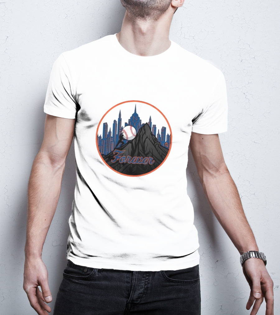 New York Met Fan Forever Skyline Baseball Statue T-Shirt