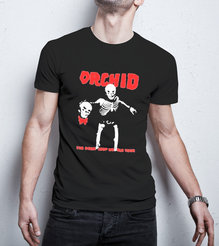 Orchid Skeleton Holding Skull The Doom Loop World Tour T-Shirt