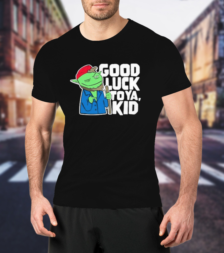 Good Luck To Ya Kid Green Character With Red Hat And Stick T-Shirt