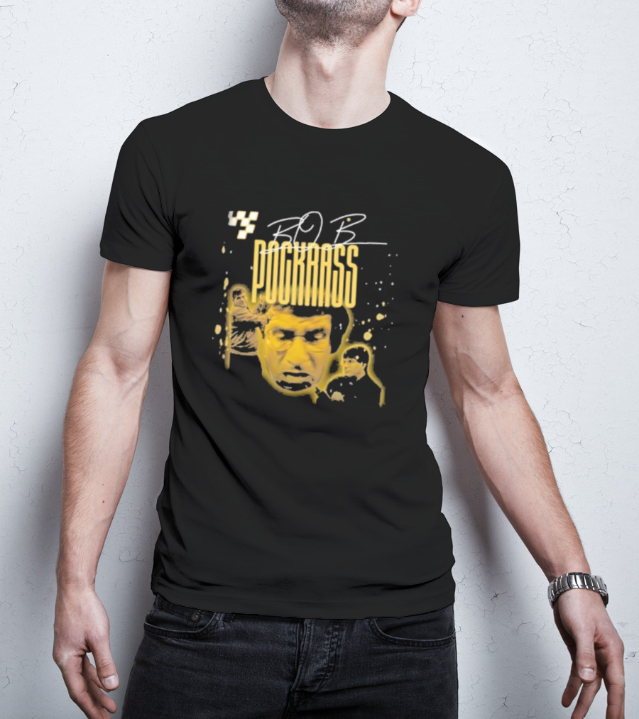 BOB POCKRASS Racing Icon Yellow Portrait Checkerboard Background T-Shirt