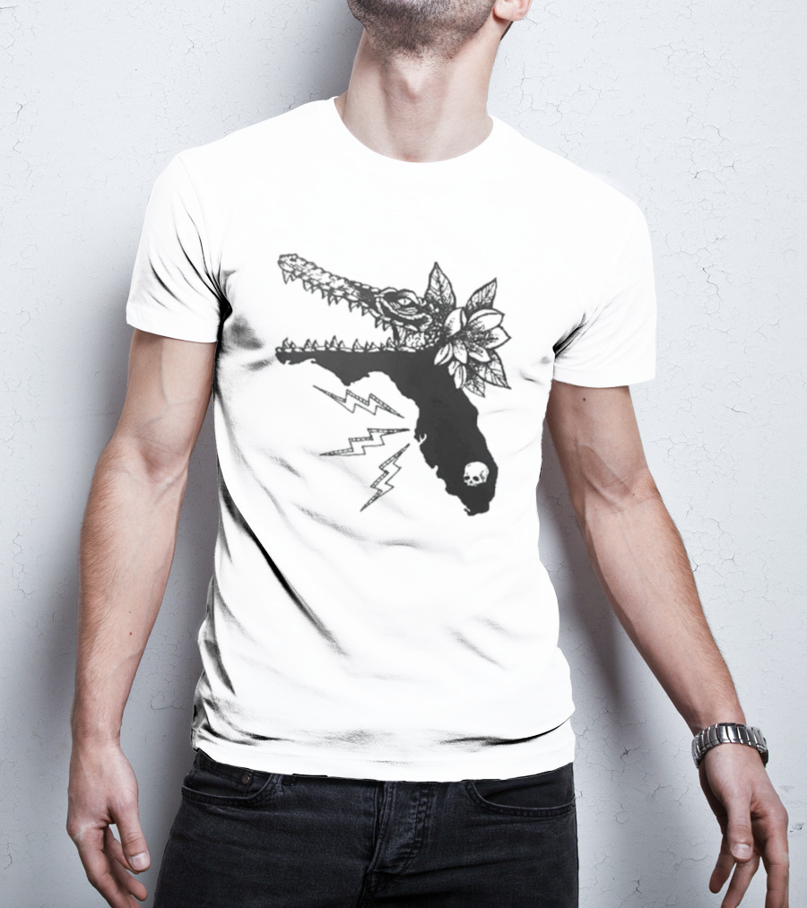 Florida Will Eat You - Alligator Skull Lightning Magnolia Map T-Shirt