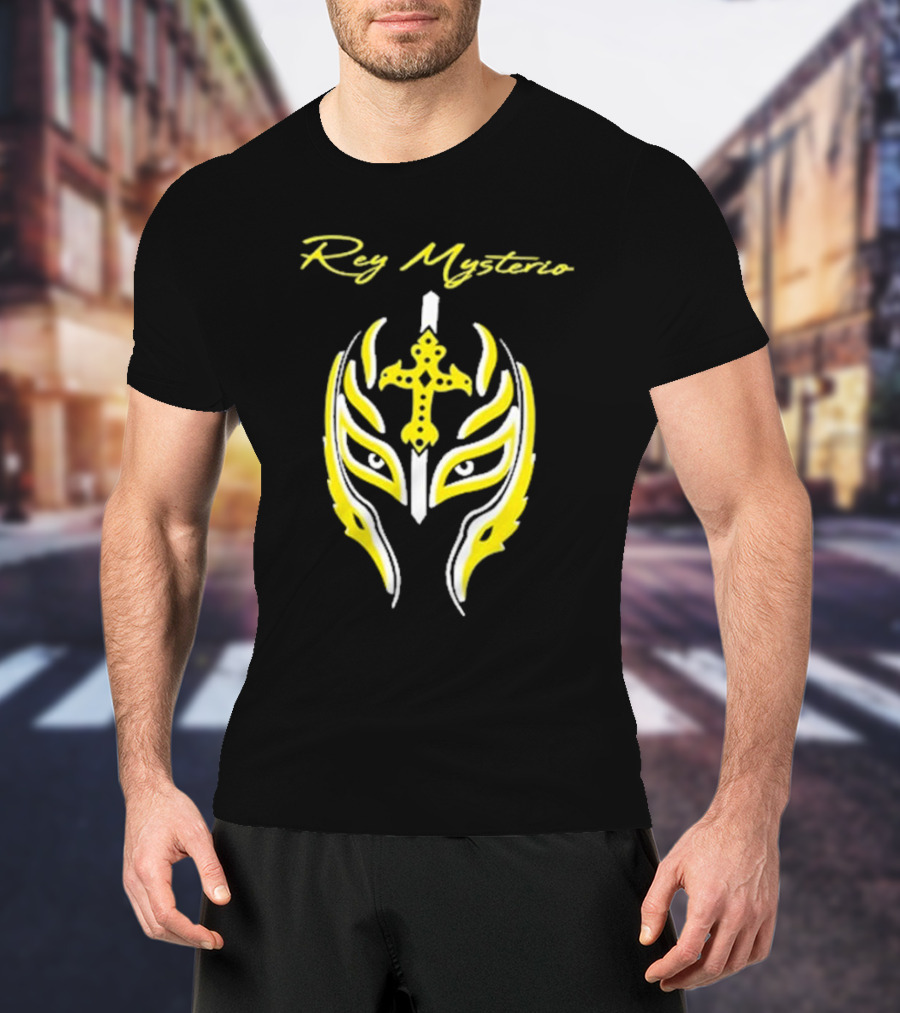 Rey Mysterio Cross Mask Icon With Yellow And White Accents T-Shirt