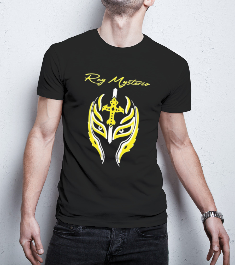 Rey Mysterio Cross Mask Icon With Yellow And White Accents T-Shirt