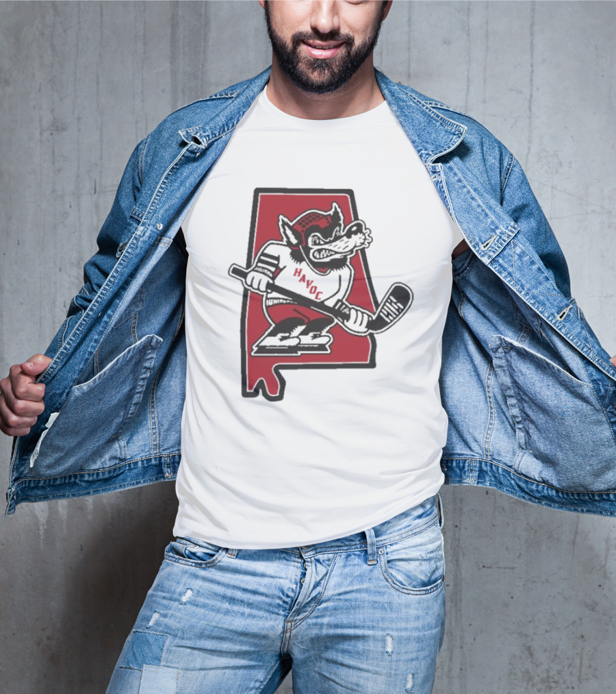 Havoc Retro Wolf Hockey Red Alabama Outline T-Shirt