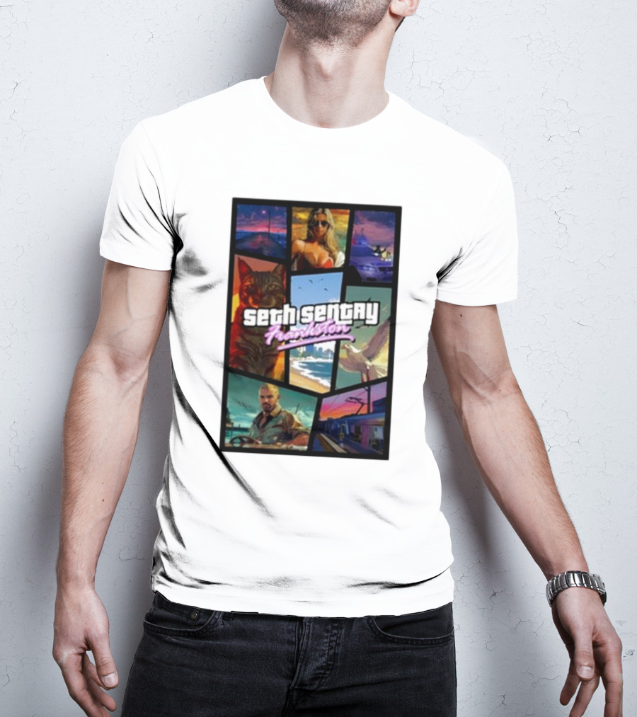 Seth Sentry Frankston GTA Style Art With Cat And City Scenes T-Shirt