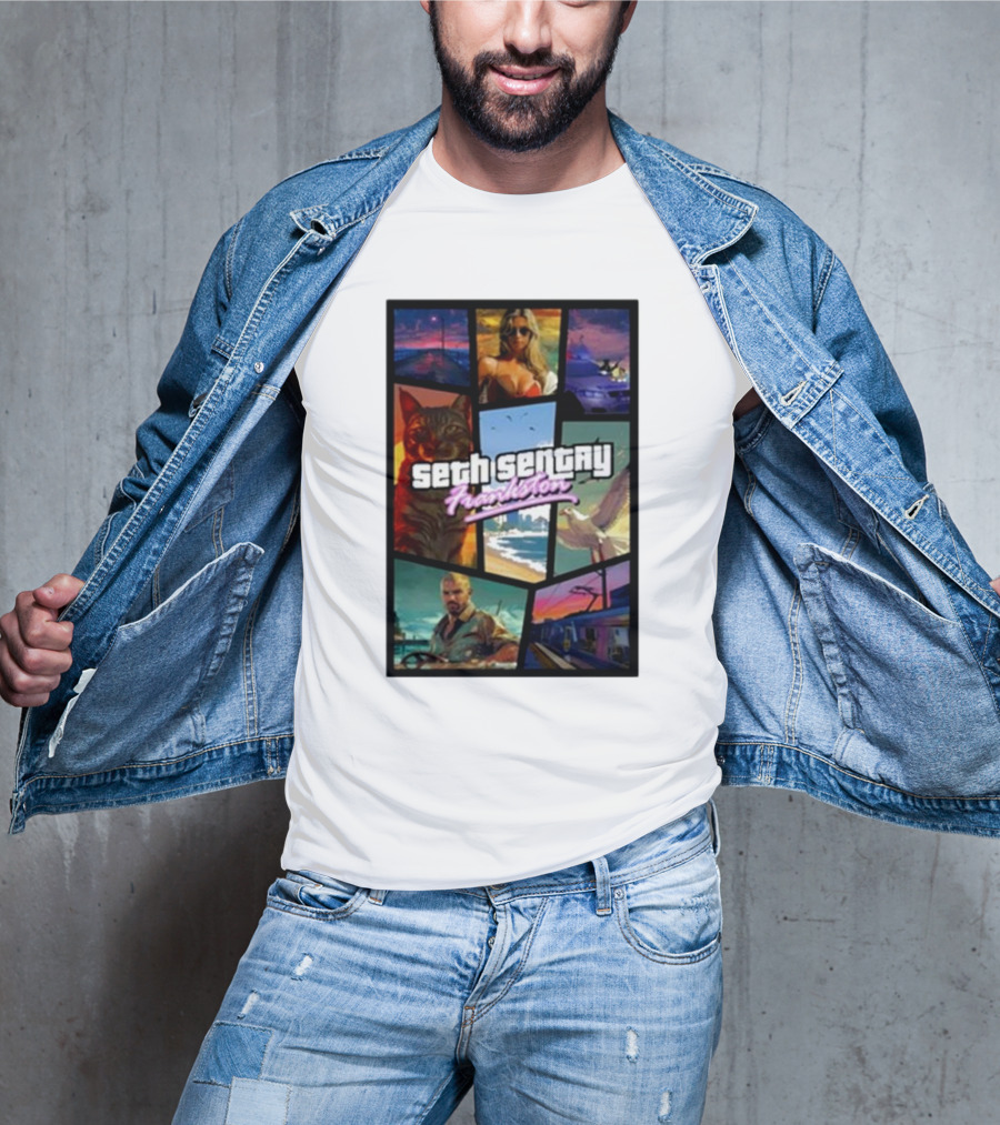 Seth Sentry Frankston GTA Style Art With Cat And City Scenes T-Shirt