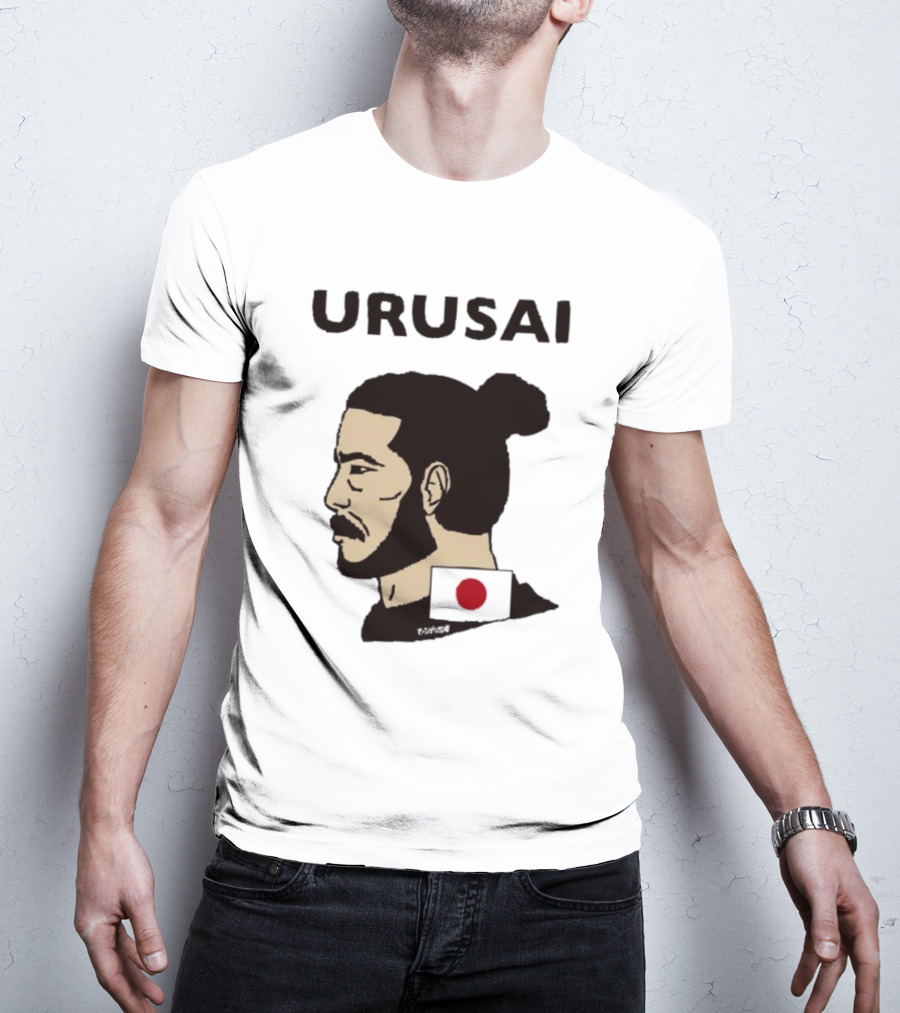 URUSAI Hiragana Ninja Japan Samurai Man Bun Profile With Flag T-Shirt