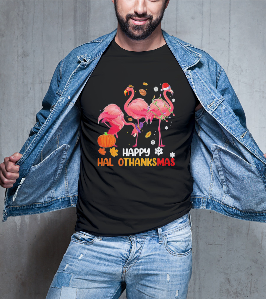 Happy Hallothanksmas Flamingo Halloween Thanksgiving Pumpkin Leaves Snowflakes T-Shirt