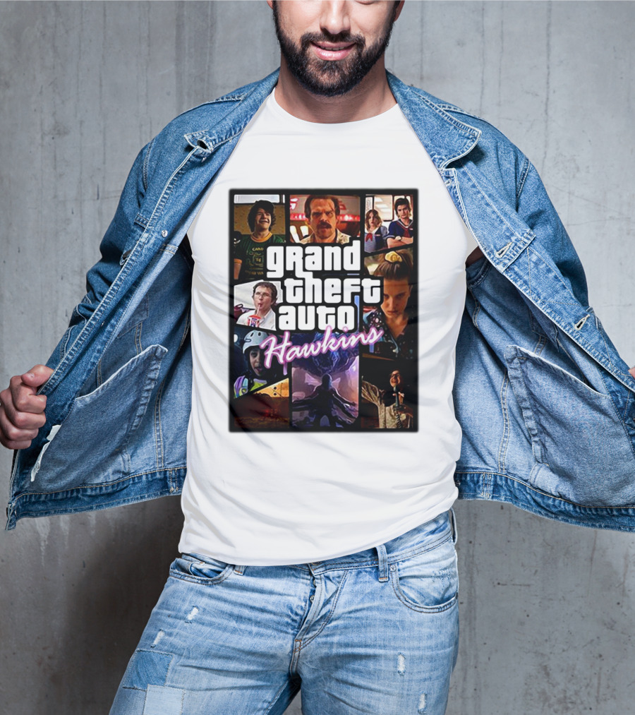 Stranger Things 3 Grand Theft Auto Hawkins Vintage Style Collage T-Shirt