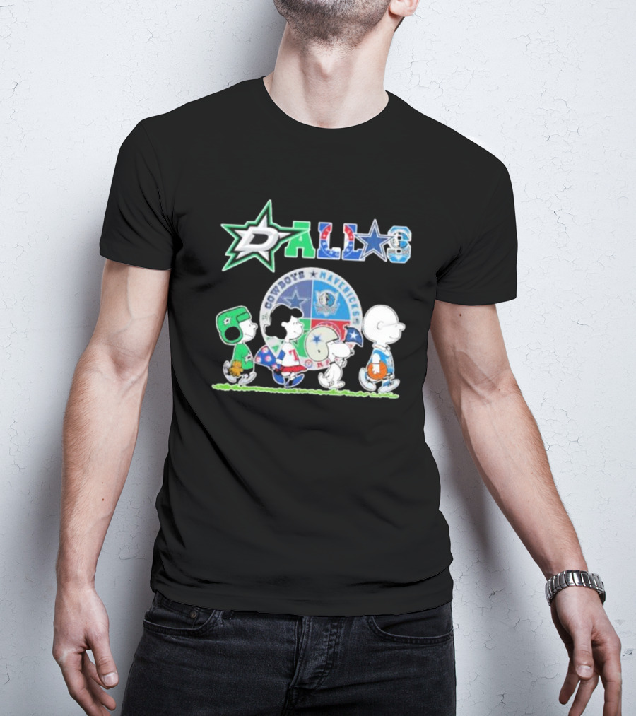 Peanuts Characters Walking With Dallas Cowboys Mavericks Stars T-Shirt