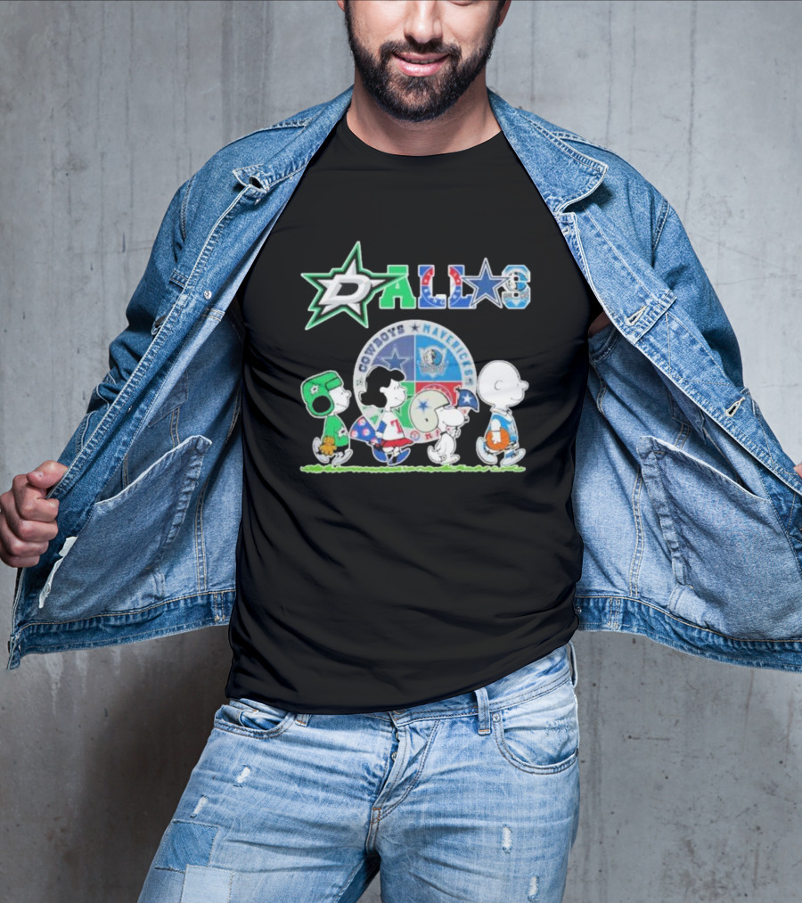 Peanuts Characters Walking With Dallas Cowboys Mavericks Stars T-Shirt