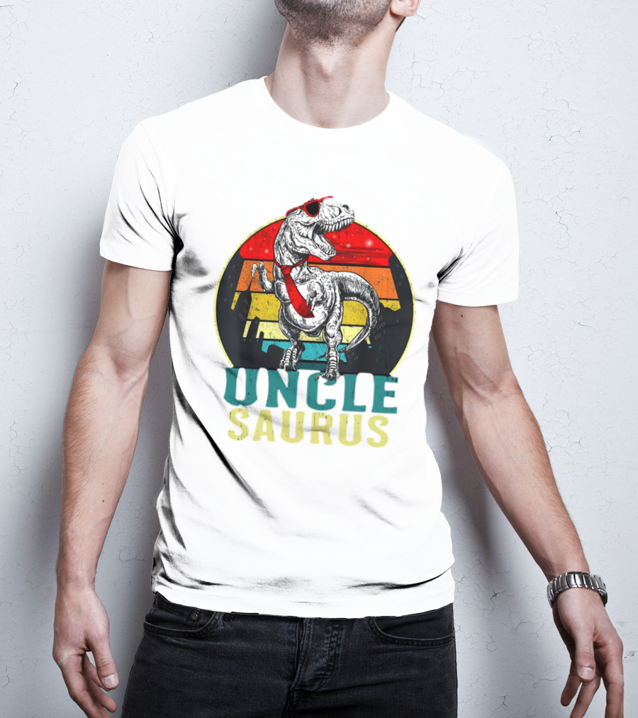 Uncle Saurus Rex Dinosaur With Sunglasses And Red Tie Fathers Day T-Shirt