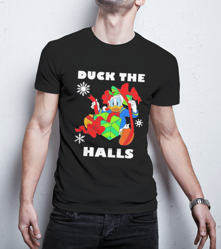 Duck The Halls Christmas With Present And Snowflakes T-Shirt