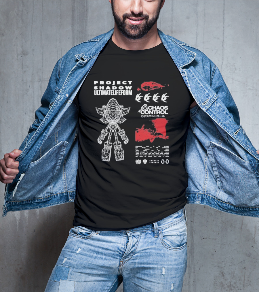Project Shadow Ultimate Lifeform Chaos Control Japanese Text Wireframe Character Red Elements T-Shirt