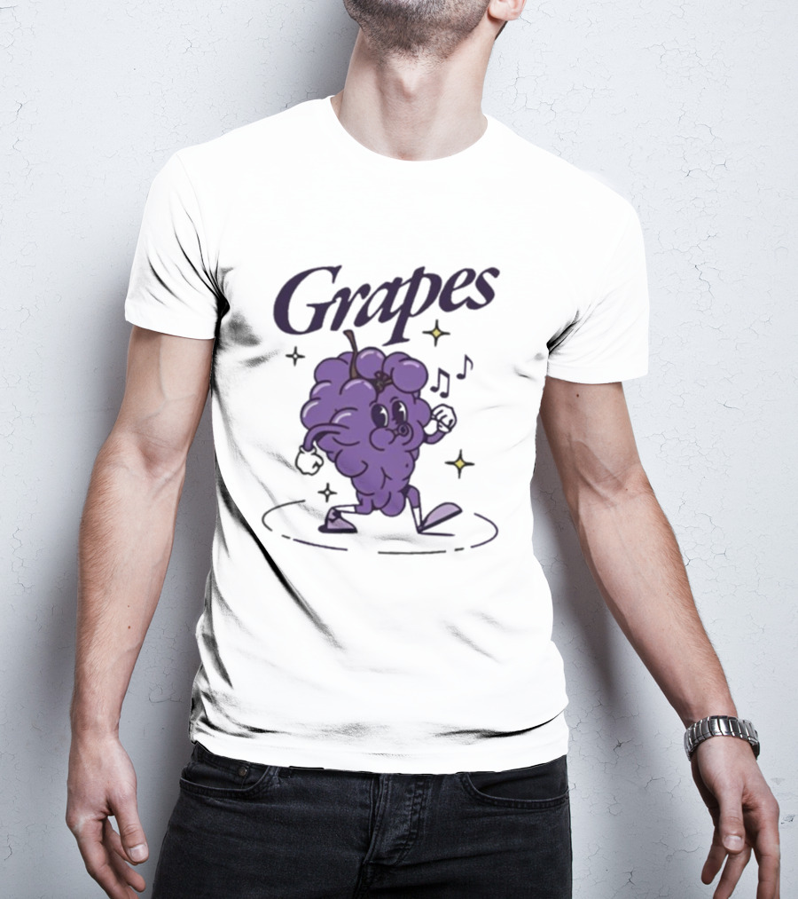 James Marriott Grapes Dancing Purple Cartoon With Musical Notes And Stars T-Shirt