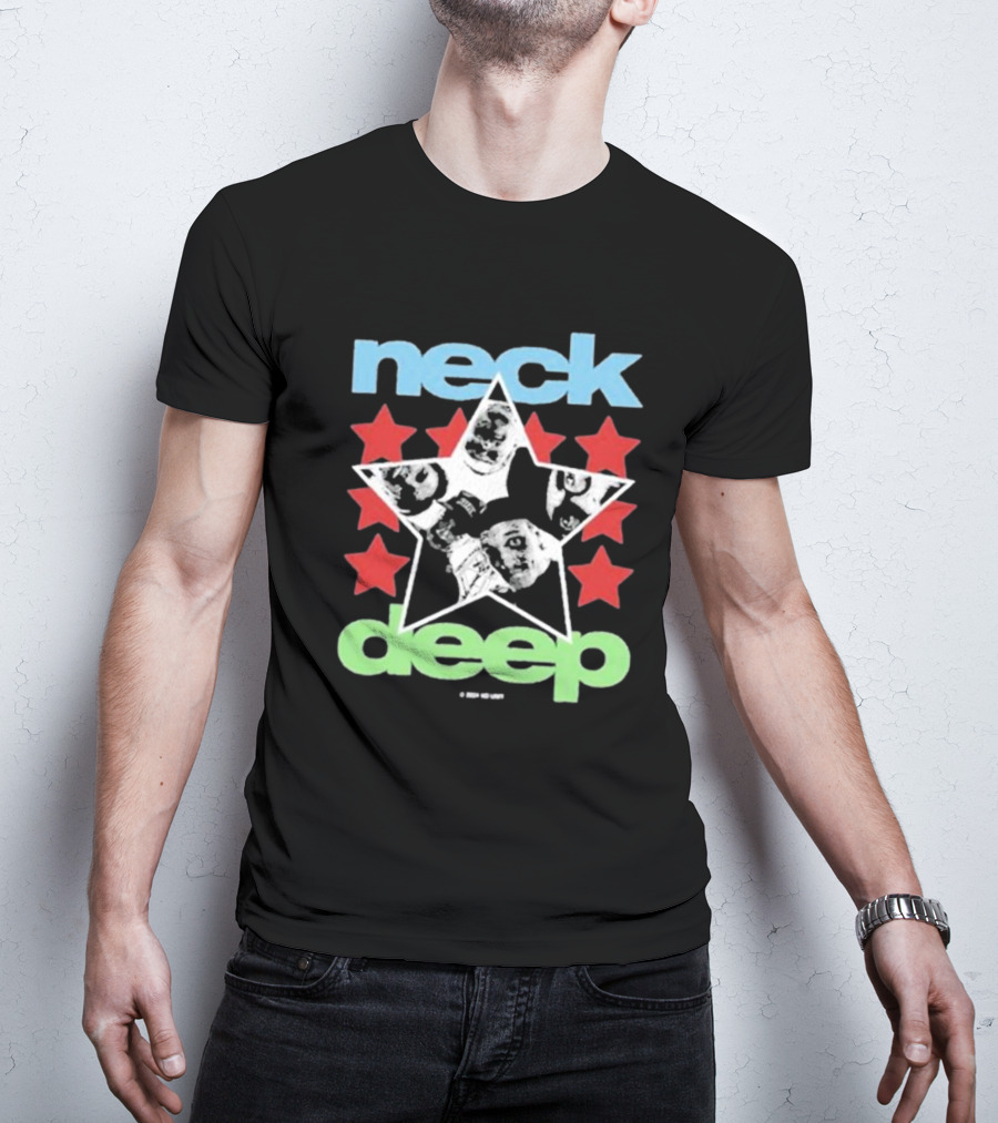 Neck Deep Blue And Green Star With Red Stars And Faces T-Shirt