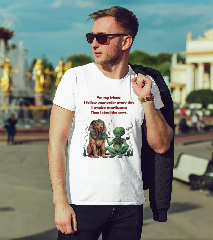 Yes My Friend I Follow Your Order Every Day I Smoke Marijuana Then I Steal The Cows Alien With Sphinx Smoking T-Shirt