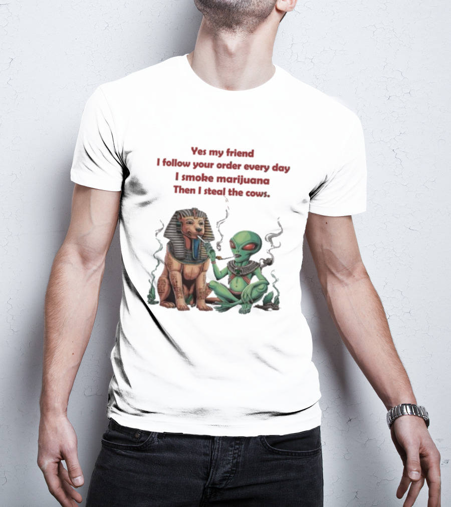 Yes My Friend I Follow Your Order Every Day I Smoke Marijuana Then I Steal The Cows Alien With Sphinx Smoking T-Shirt