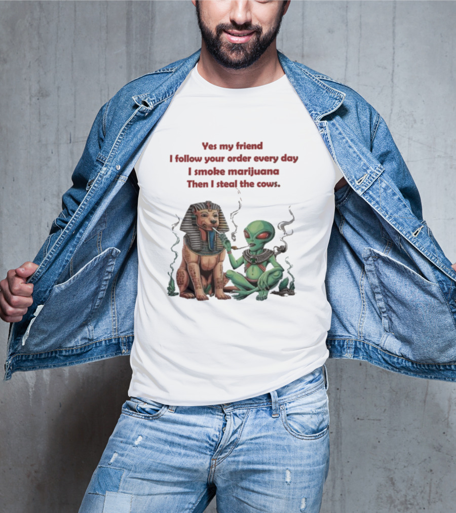 Yes My Friend I Follow Your Order Every Day I Smoke Marijuana Then I Steal The Cows Alien With Sphinx Smoking T-Shirt