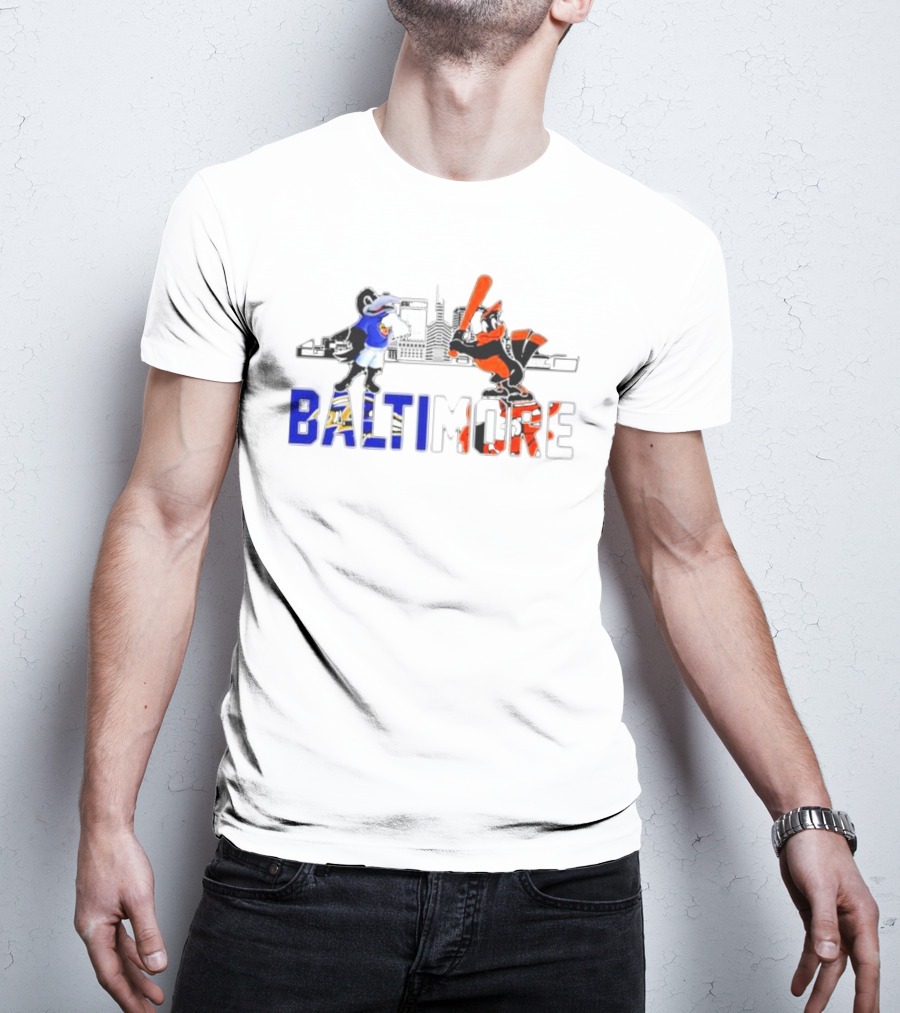 Baltimore Ravens And Orioles Mascot Skyline T-Shirt