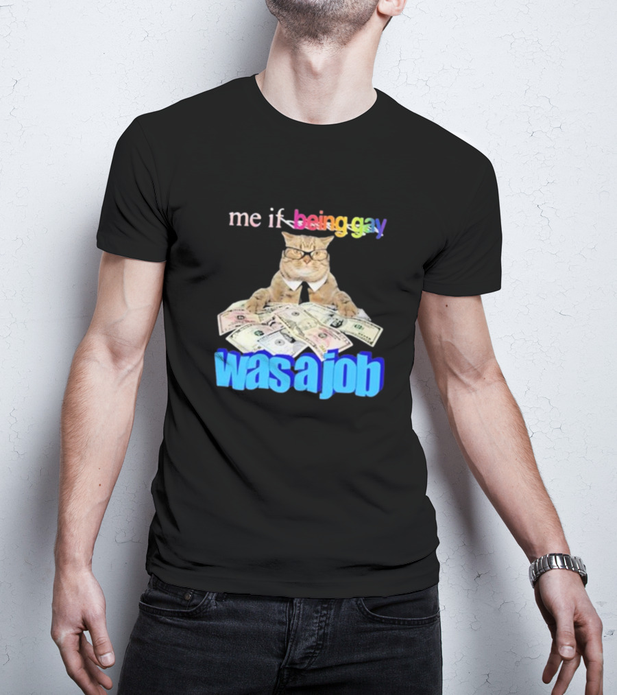 Cat With Money And Rainbow Text Me If Being Gay Was A Job T-Shirt