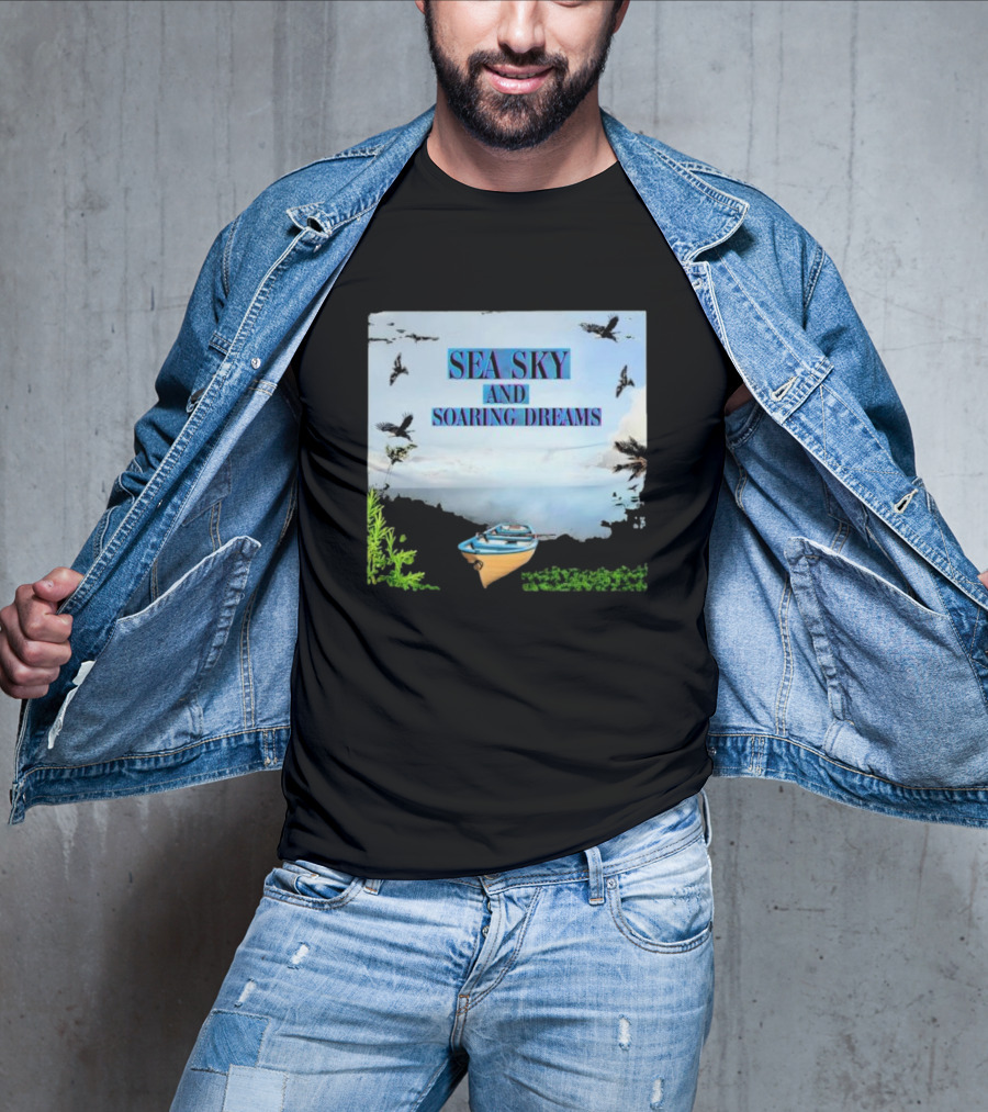 SEA SKY AND SOARING DREAMS WITH BIRDS AND BOAT IN NATURE SCENE T-Shirt