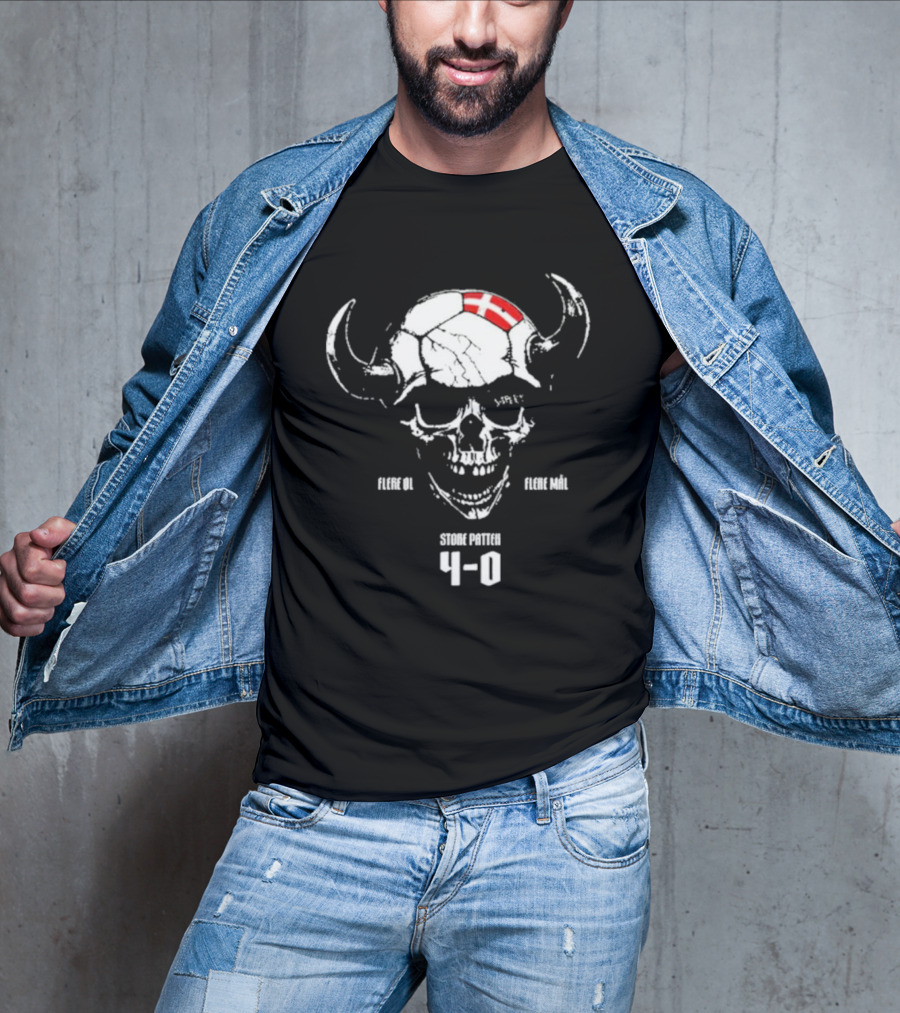Flere Øl Flere Mål Store Patten 4-0 Skull With Horns And Denmark Flag Suspekt Tour T-Shirt