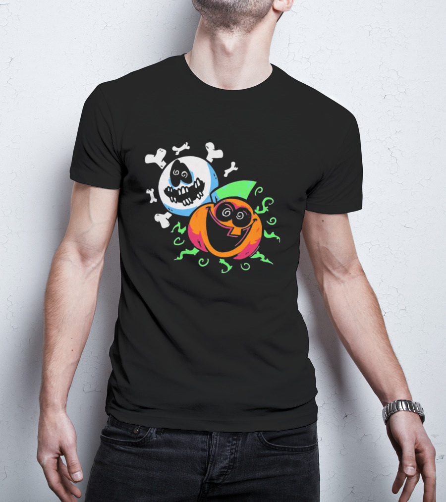 Spooky Month Colorful Cartoon Ghosts And Pumpkins With Bones T-Shirt