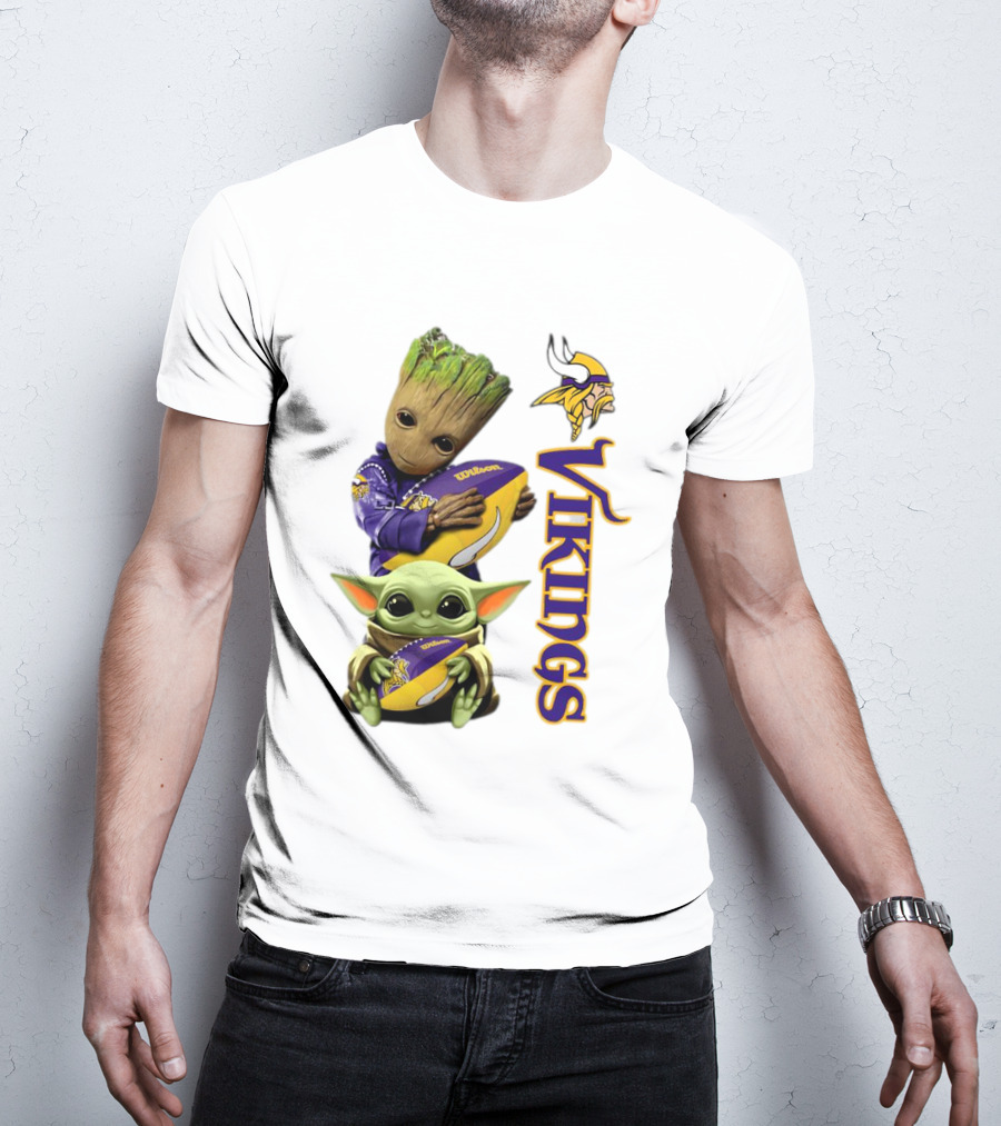 Baby Groot And Yoda Hugging Minnesota Vikings Football T-Shirt
