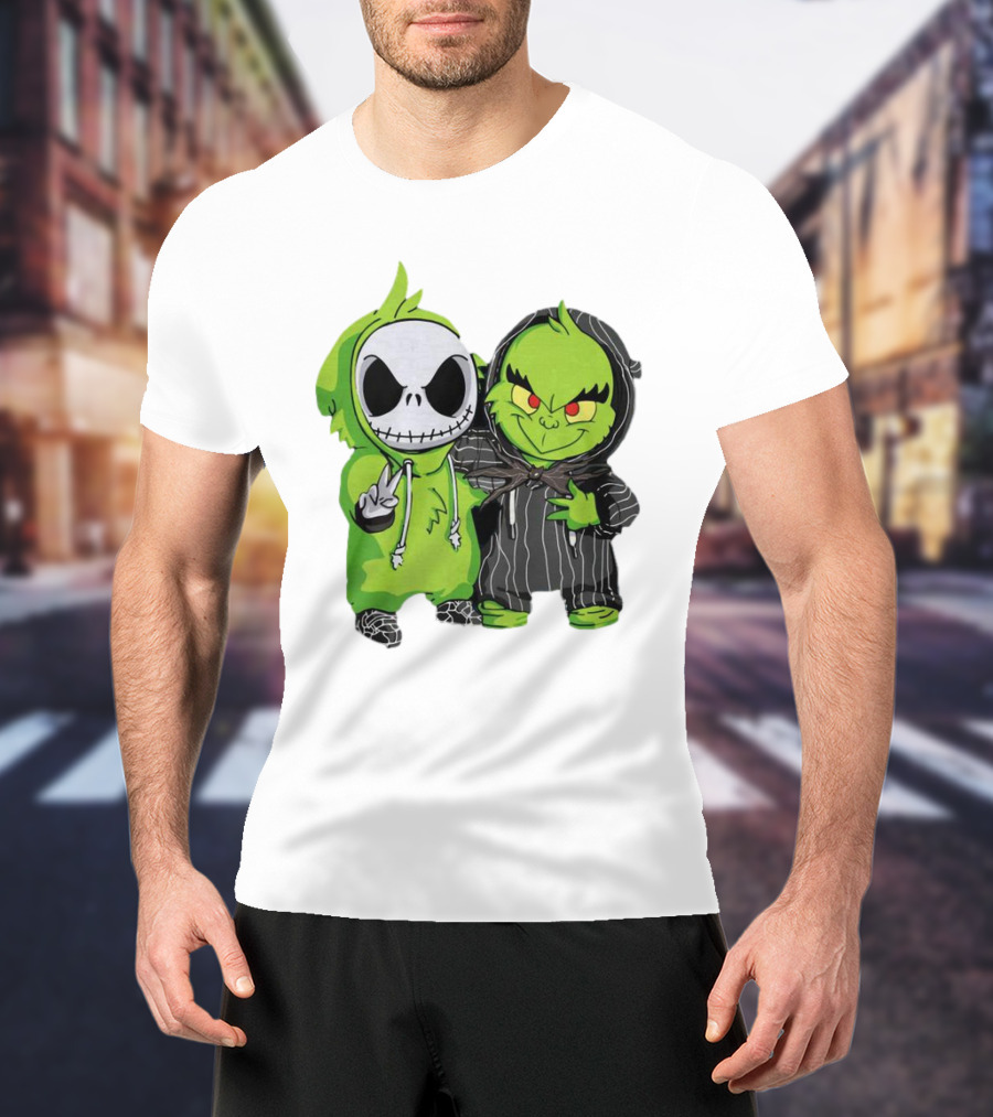 Baby Jack Skellington And Grinch In Green Hoodies T-Shirt