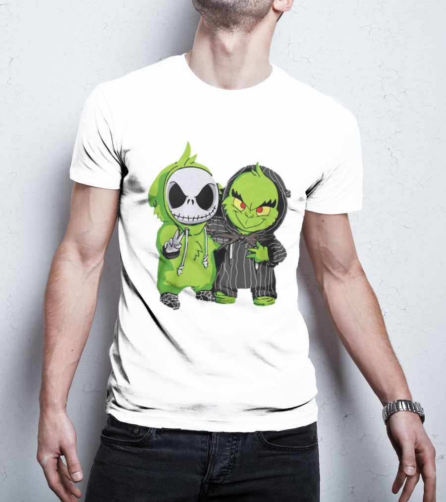 Baby Jack Skellington And Grinch In Green Hoodies T-Shirt