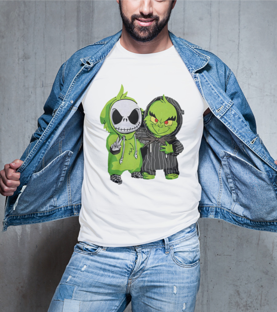 Baby Jack Skellington And Grinch In Green Hoodies T-Shirt
