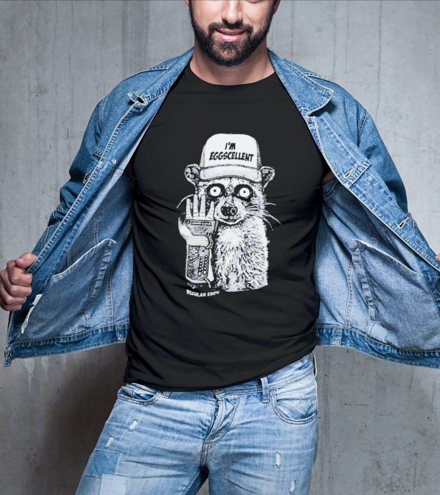 I'm Eggscellent Rigby Regular Show Raccoon Wearing Hat With Cybernetic Arm T-Shirt