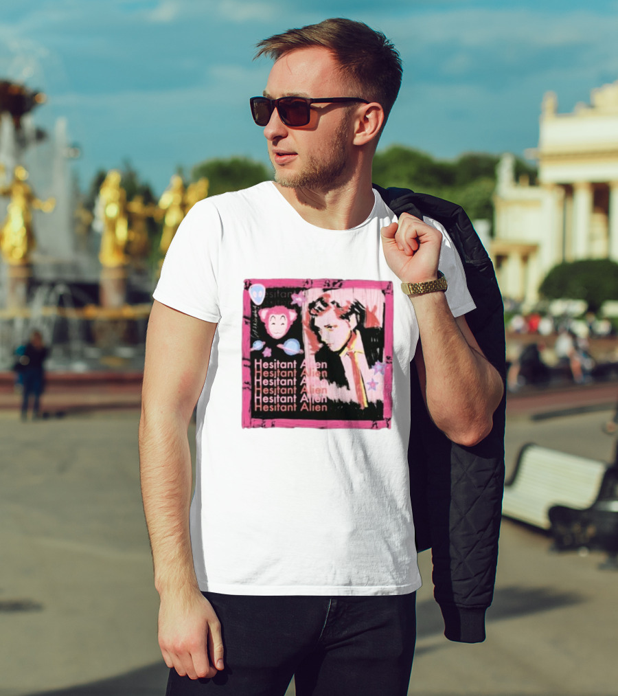 Hesitant Alien Pink Portrait Repeated Text And Mask Cartoon T-Shirt