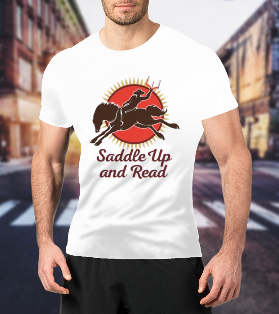 Saddle Up And Read Horseback Silhouette Against Sunburst T-Shirt