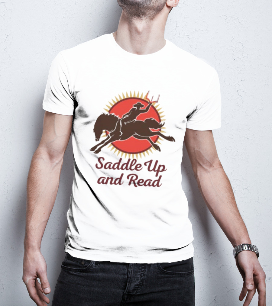 Saddle Up And Read Horseback Silhouette Against Sunburst T-Shirt