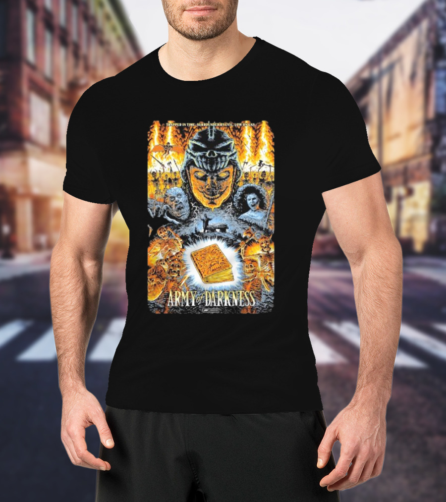 Trapped In Time Surrounded By Evil Low On Gas Army Of Darkness Necronomicon Evil Dead Horror Collage T-Shirt