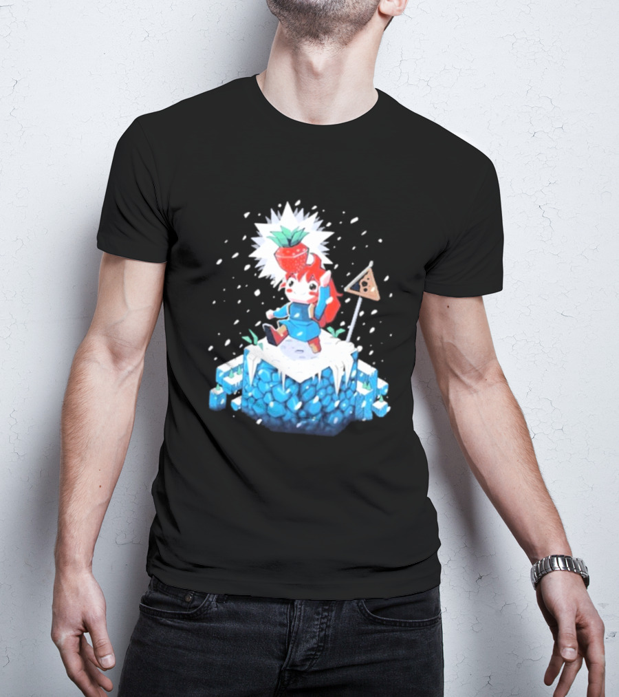 The Yetee Celeste 64 Pixel Adventure Character With Strawberry And Flag On Ice Mountain T-Shirt