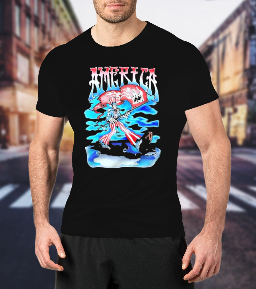 Warren Lotas America Skeleton Uncle Sam With Skull Flags T-Shirt