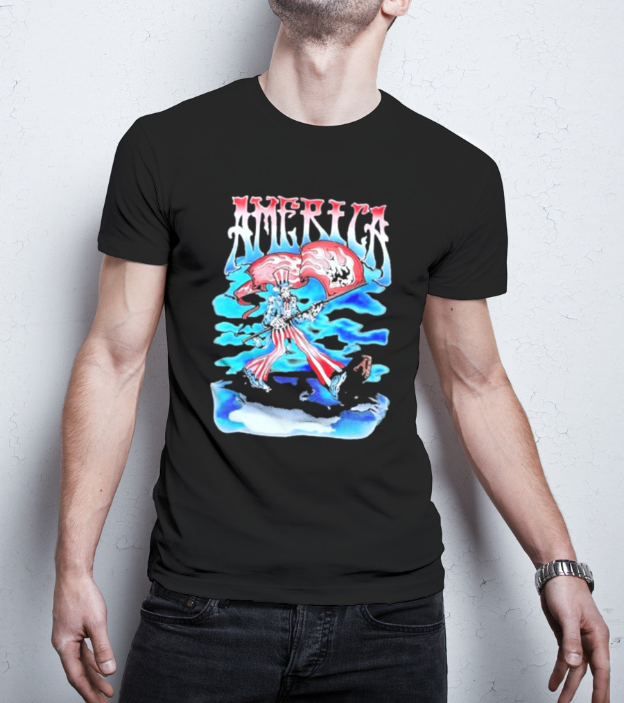 Warren Lotas America Skeleton Uncle Sam With Skull Flags T-Shirt