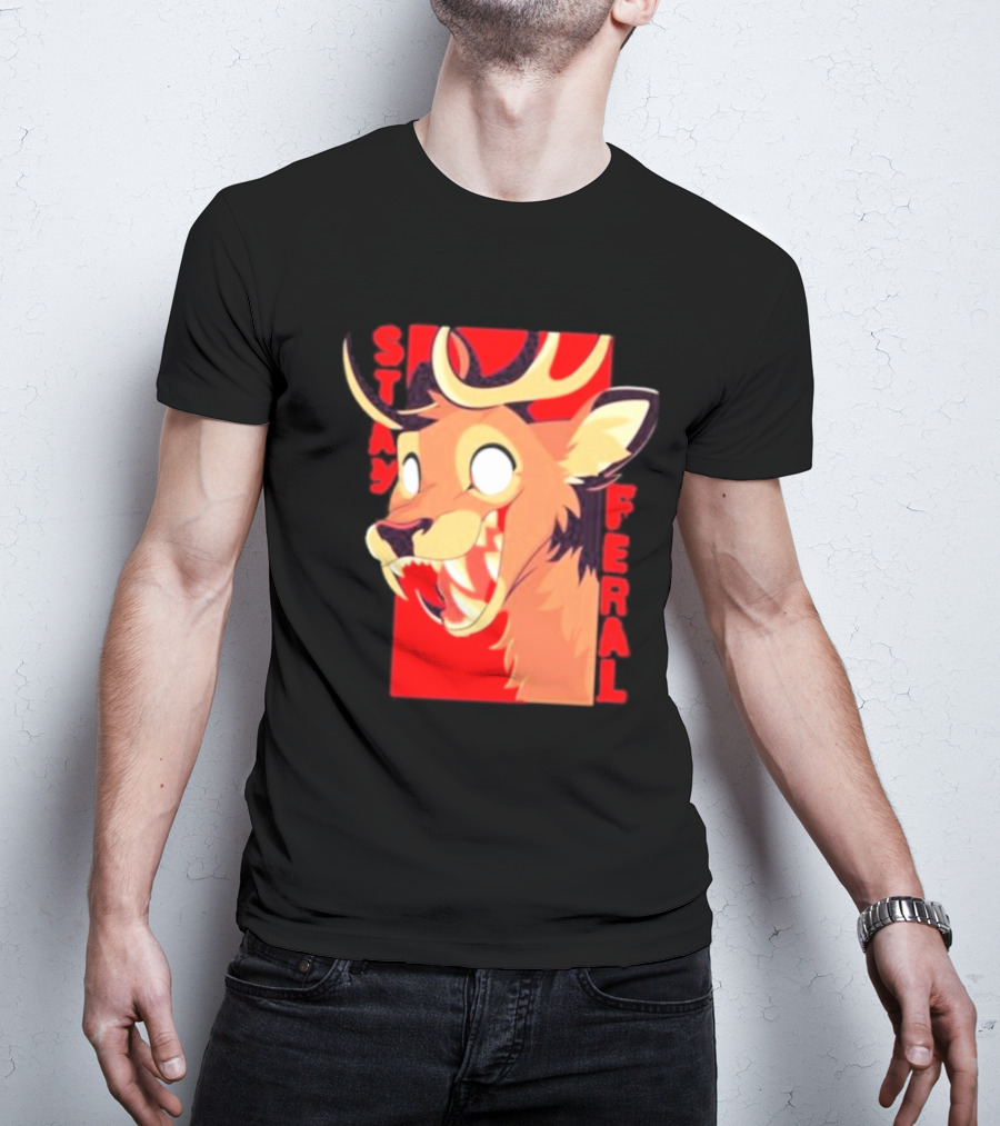 Stay Feral Toothy Deer Wild Expression Monochrome Cartoon T-Shirt