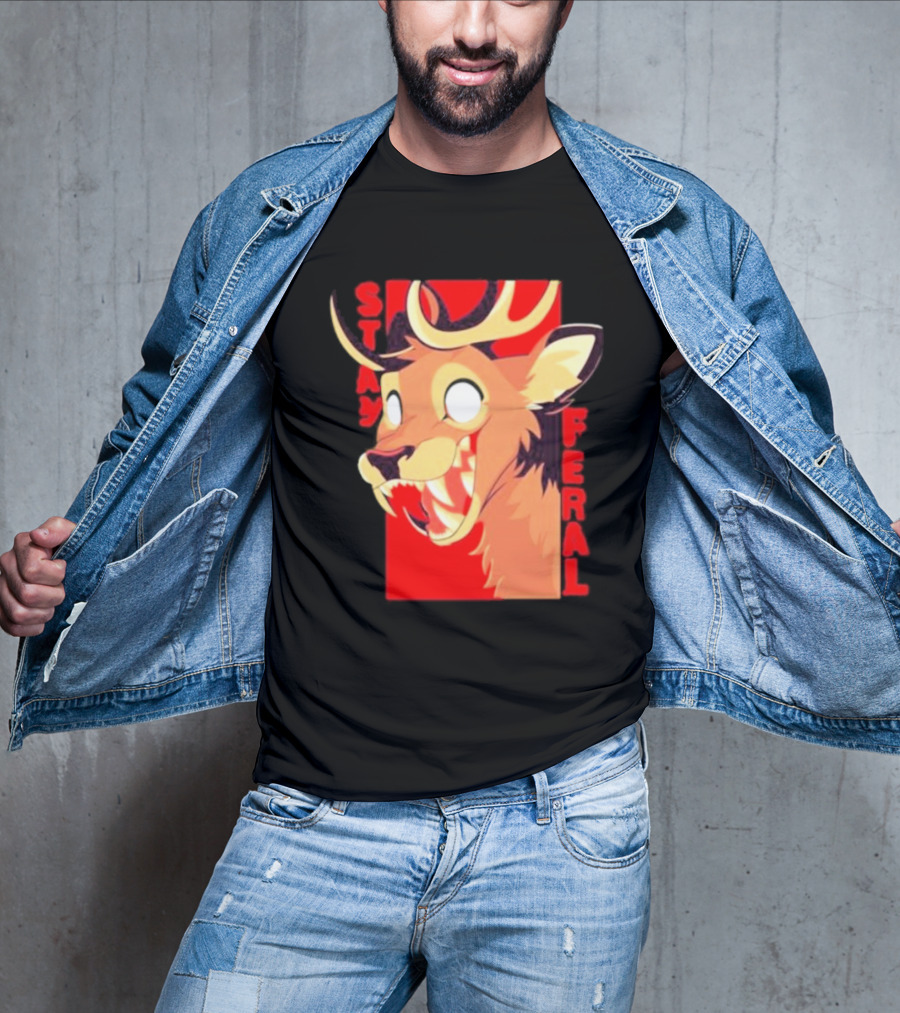 Stay Feral Toothy Deer Wild Expression Monochrome Cartoon T-Shirt