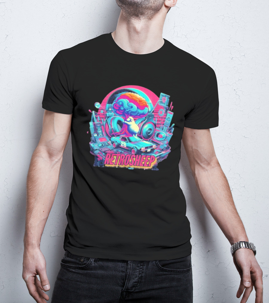 Retrosheep Neon Music Explosion With Retro Cars And Speakers T-Shirt