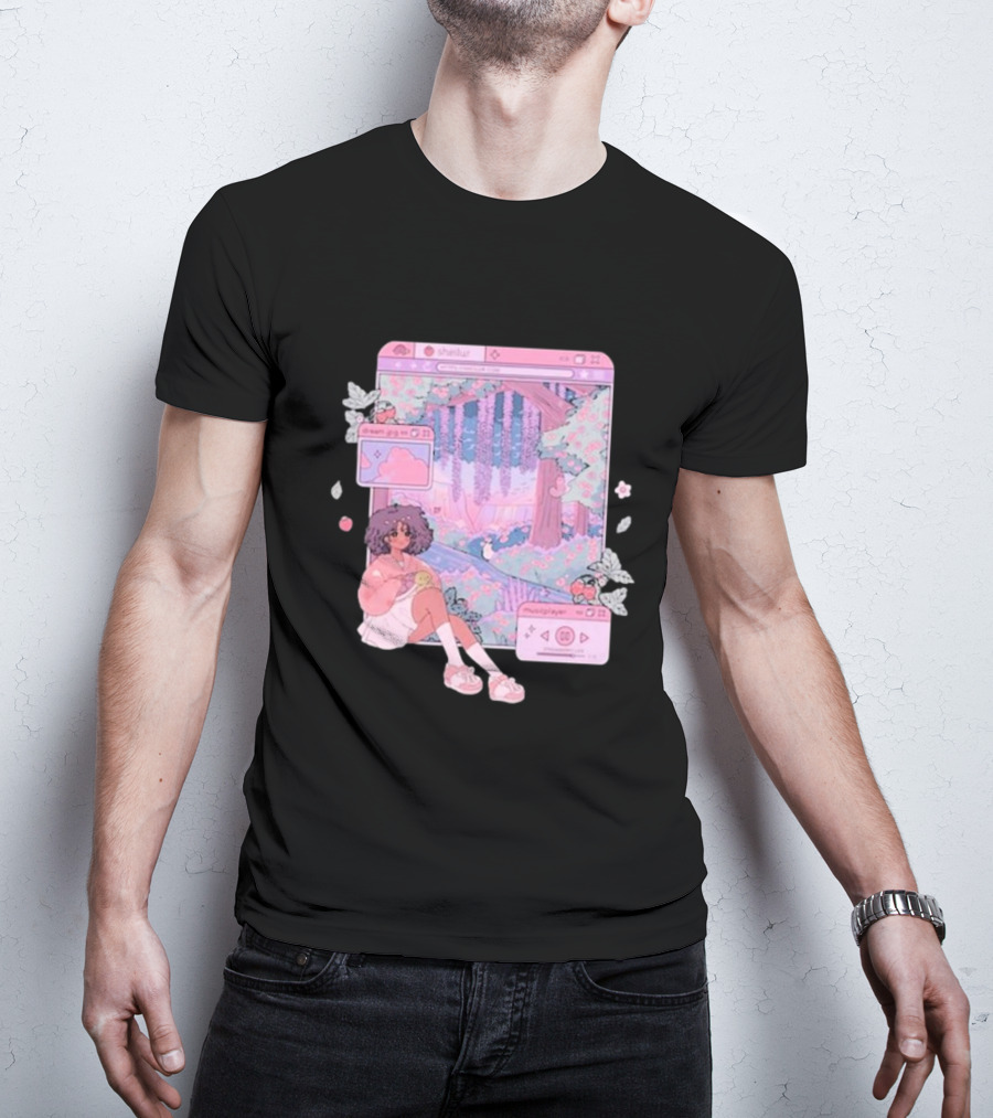 Sheilur Dreamy Strawberry Window Girl In Pink Forest T-Shirt
