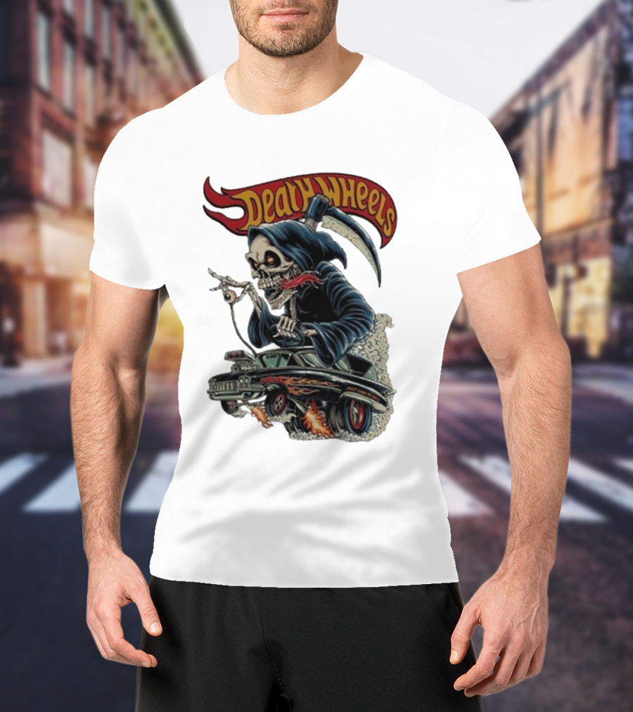 Deadly Wheels Krisna Okky Death Wheels Grim Reaper Driving Flaming Car T-Shirt